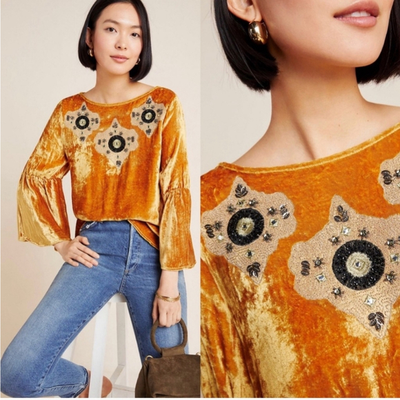 Anthropologie Tops - Anthropologie Seen Worn Kept Carina Beaded Velvet Blouse Women's Size 2XL